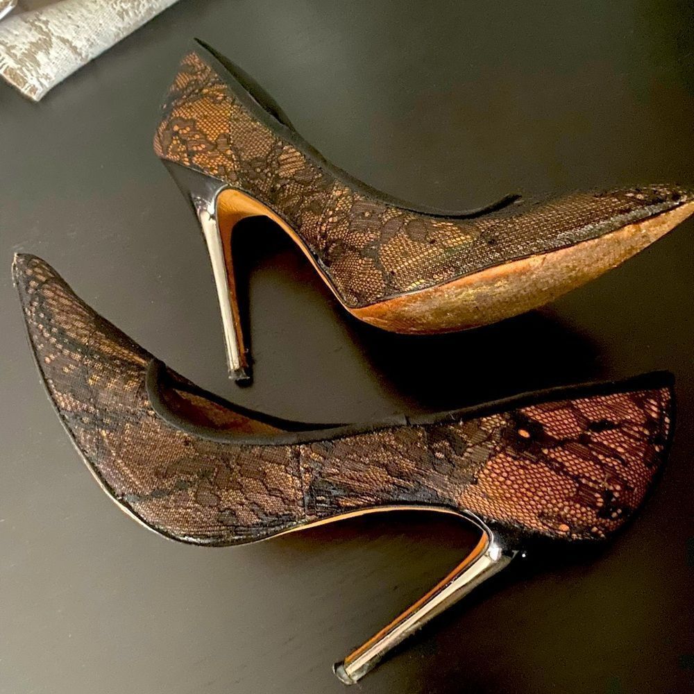 BCBG Max Azria- Leather Lace pointed toe black heels 7.5